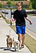 Boy Walking Two Dogs