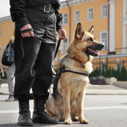 A German Shepherd Dog sits next to his handler in a black uniform