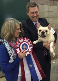 photo of Nancy Shaw with her handler, Larry Cornelius, and one of her French Bulldogs